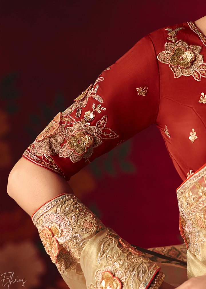 Cream Off-White Floral Sequin Embroidered Organza Tissue Saree