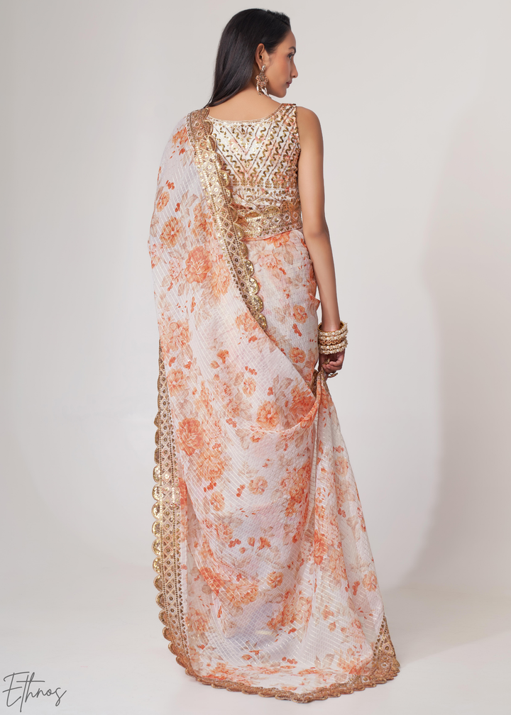 Pearl White Rose Floral Print Organza Saree