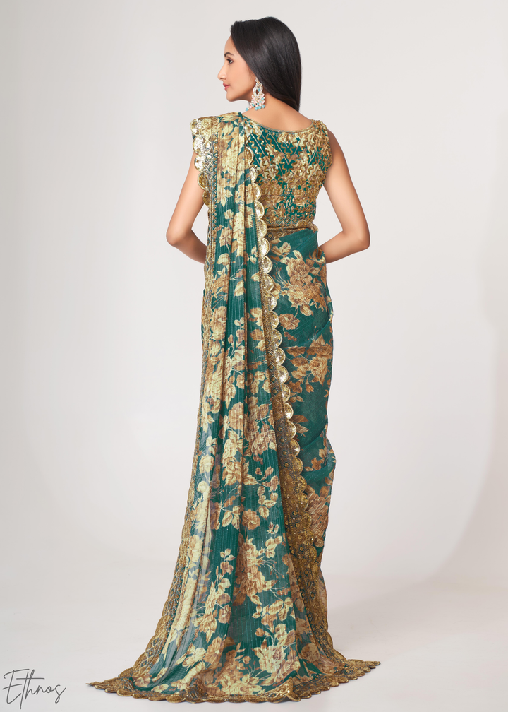 Teal Mint Rose Floral Print Organza Saree