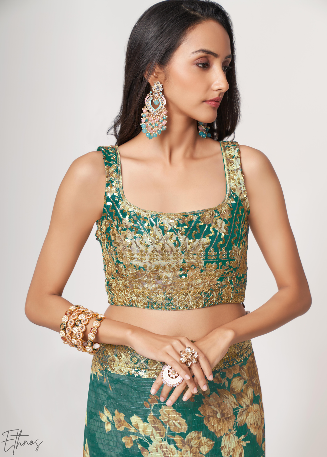 Teal Mint Rose Floral Print Organza Saree