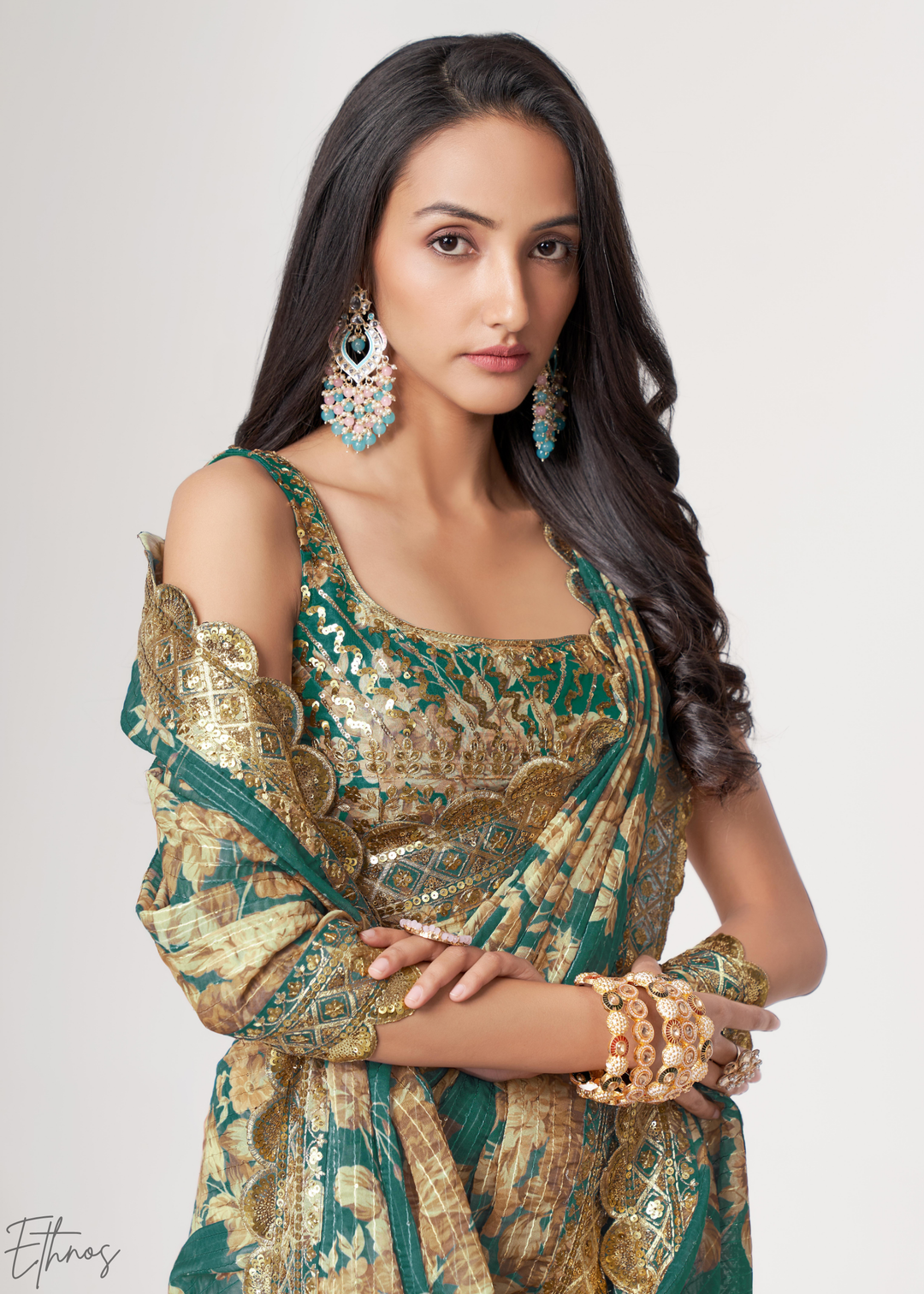 Teal Mint Rose Floral Print Organza Saree