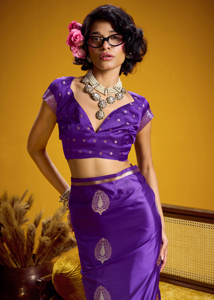 Deep Violet Gold-Infused Jacquard Satin Silk Saree