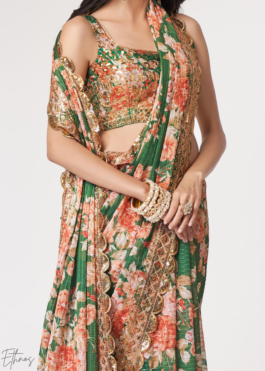 Camouflage Green Rose Floral Print Organza Saree