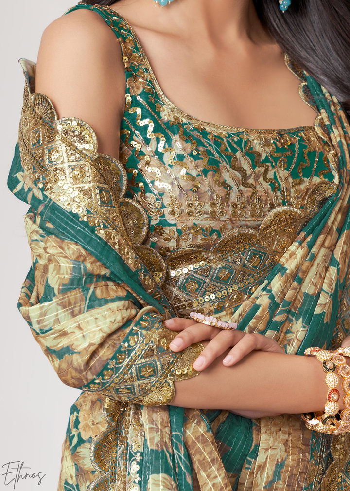 Teal Mint Rose Floral Print Organza Saree