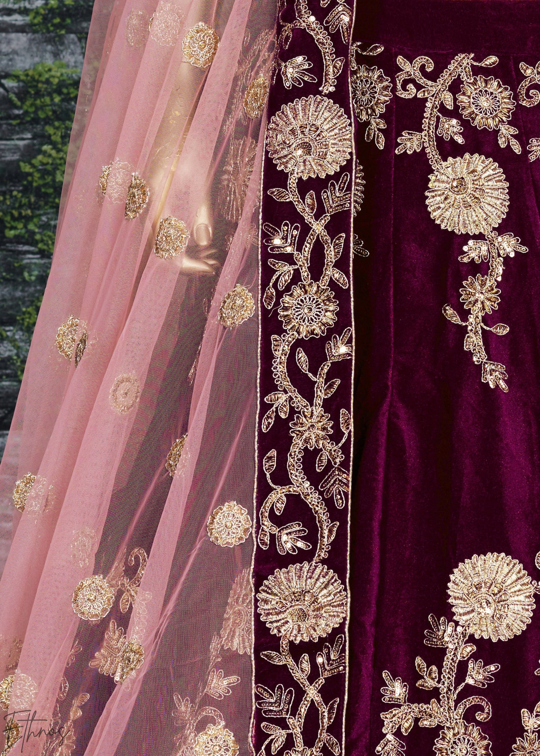 Dark Wine Heavy Floral Embroidered Velvet Lehenga