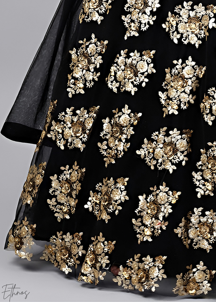 Jet Black Gold Floral Embroidered Net Lehenga