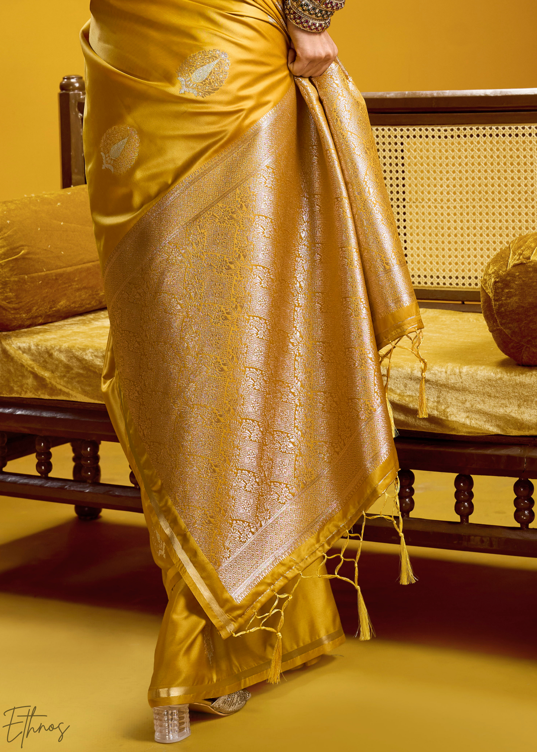 Saffron Golden Gold-Infused Jacquard Satin Silk Saree