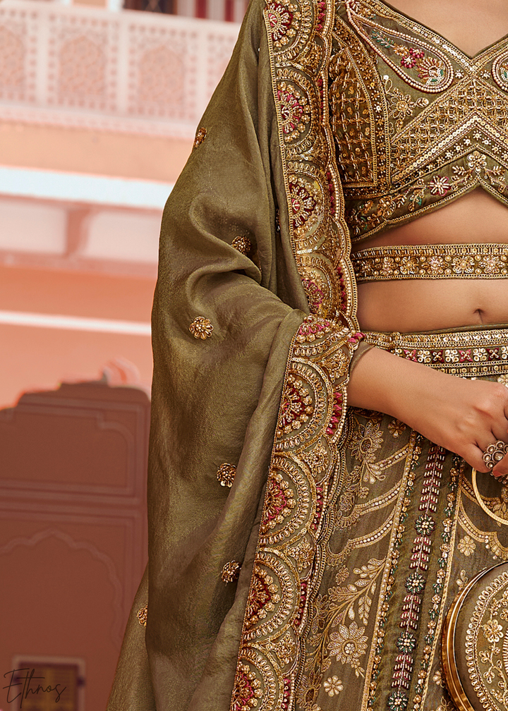 Olive Gold Paisley Weave Banarasi Silk Lehenga Choli