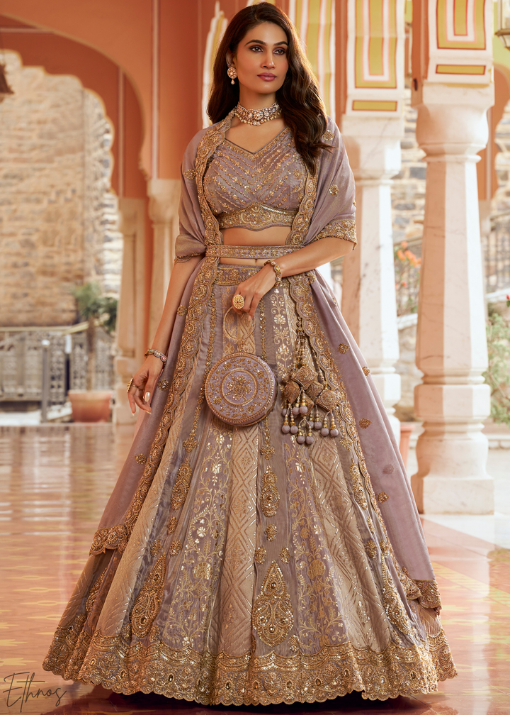Muted Lilac Paisley Weave Banarasi Silk Lehenga Choli