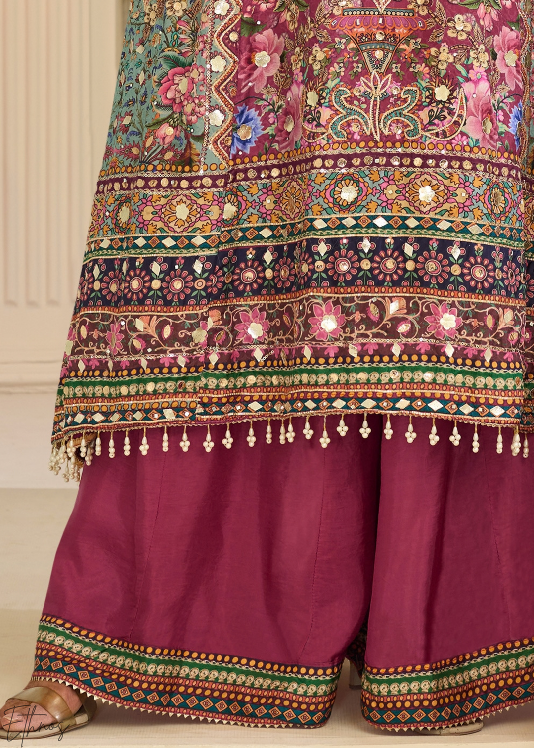 Plum Geometric Mosaic Crepe Silk Flared Tunic Palazzo Suit