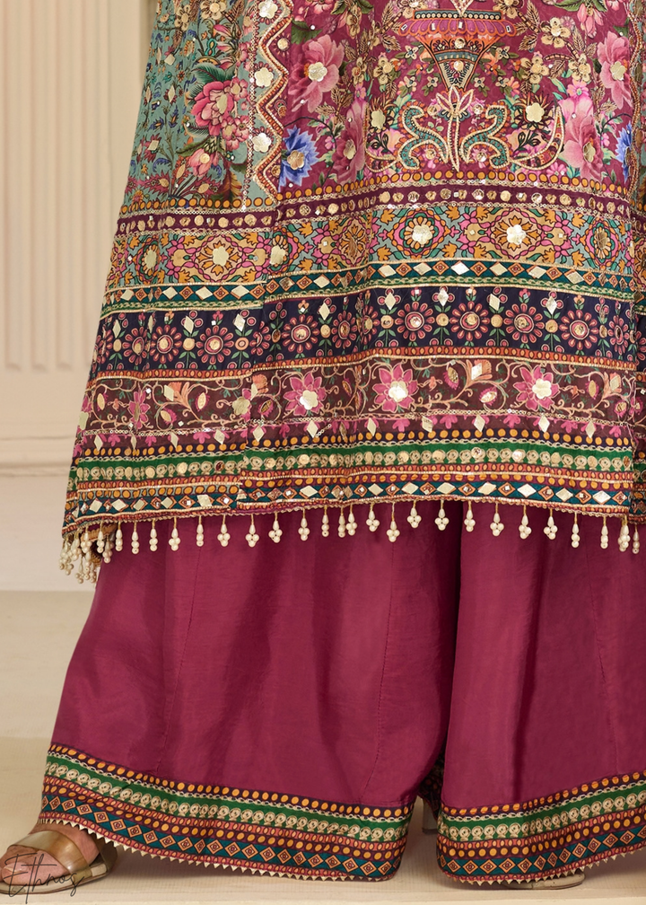 Plum Geometric Mosaic Crepe Silk Flared Tunic Palazzo Suit