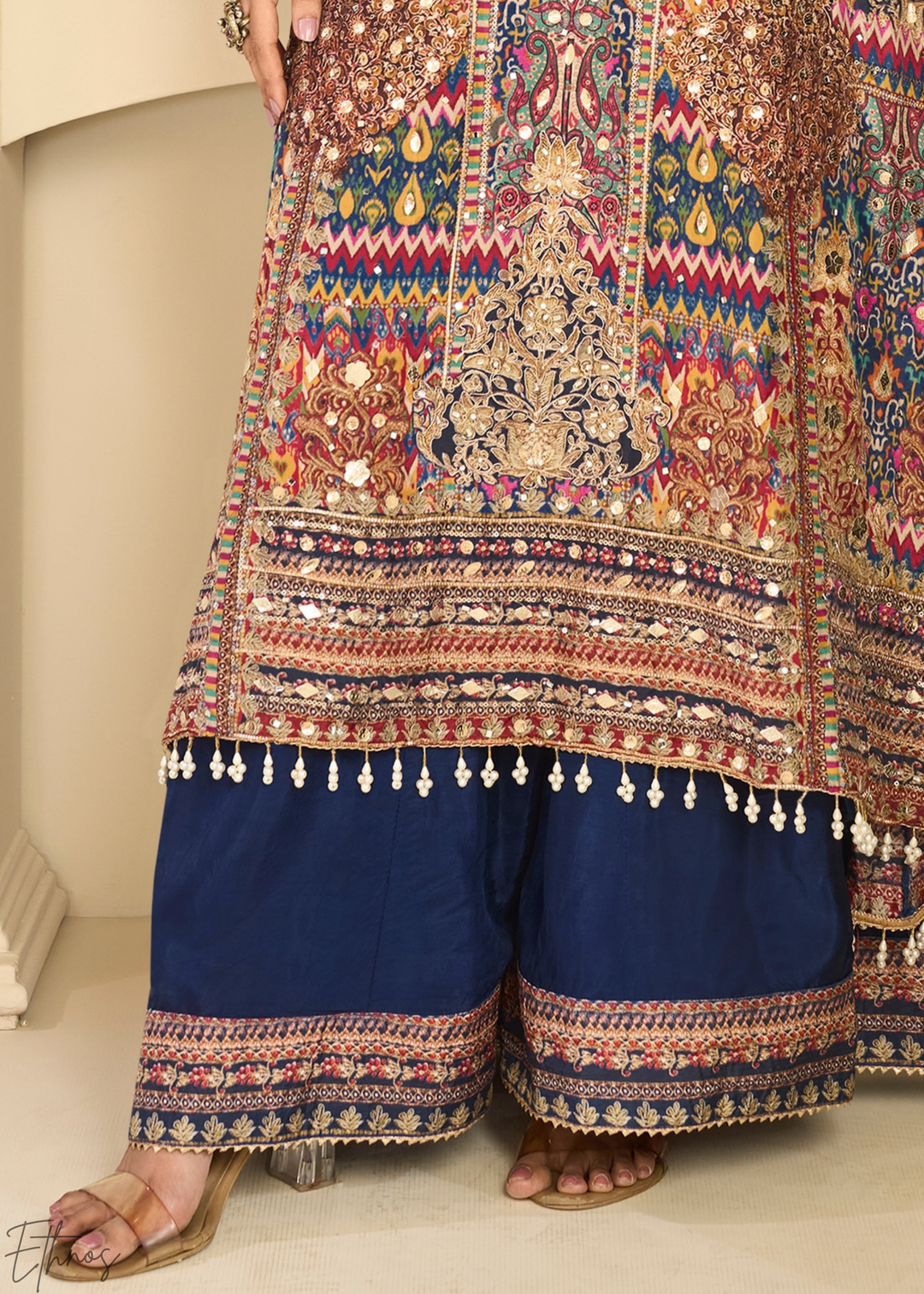 Multi Mosaic Tapestry Crepe Silk Flared Tunic Palazzo Suit