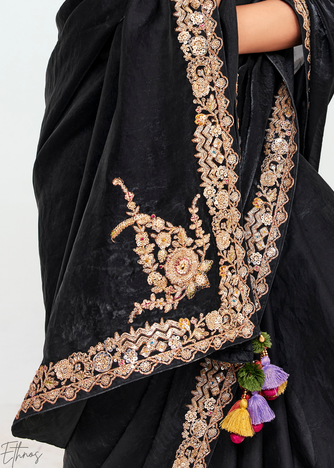 Midnight Black Embroidered Tissue Saree