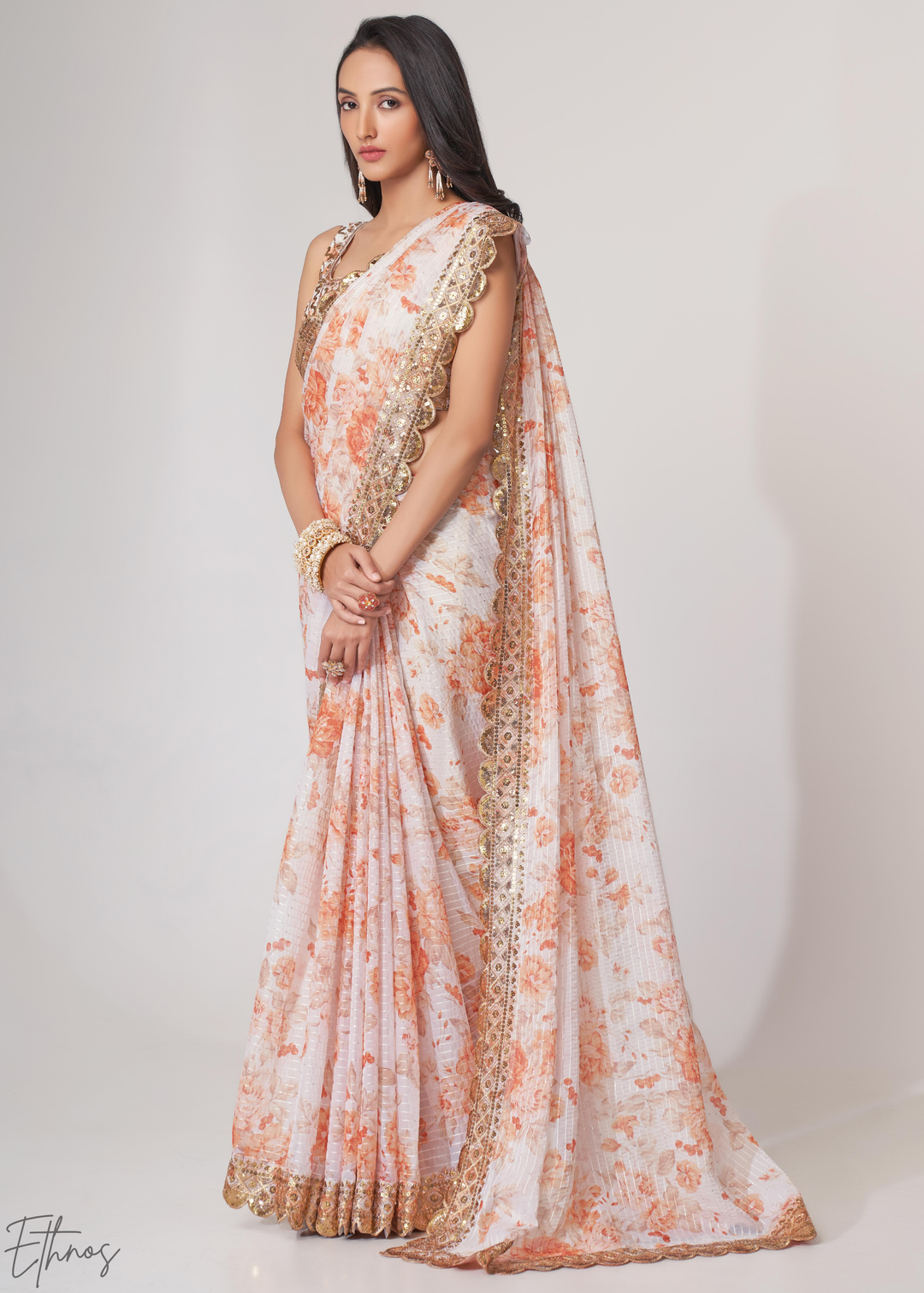 Pearl White Rose Floral Print Organza Saree