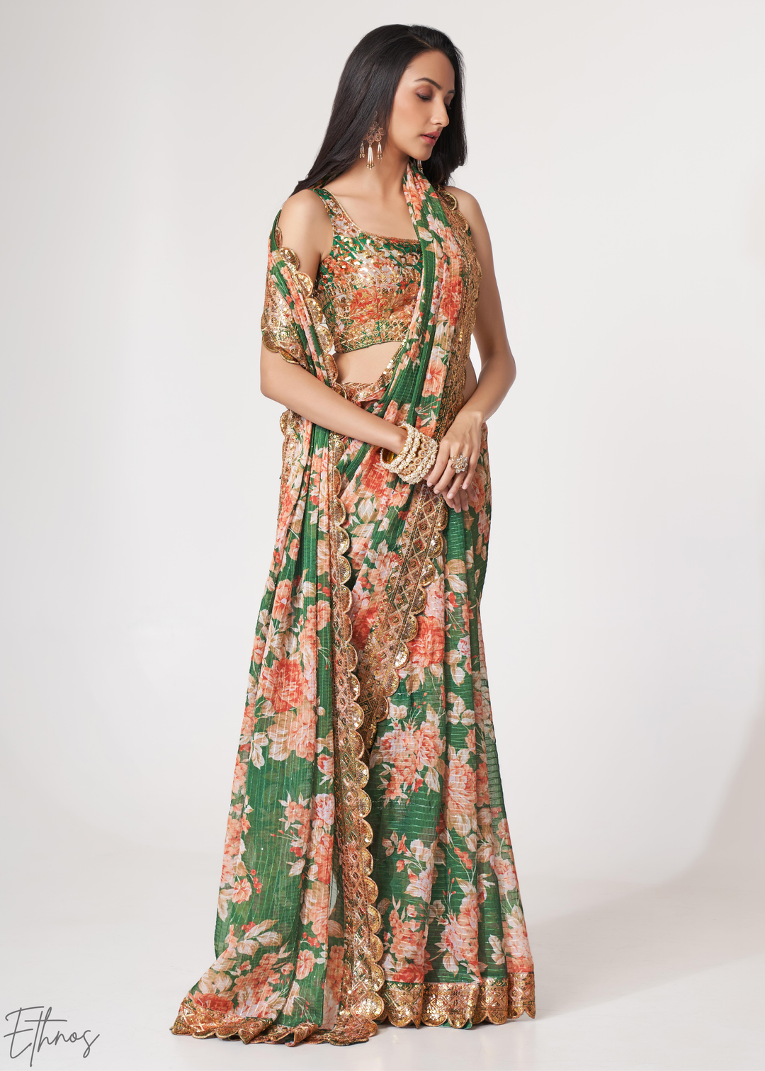 Camouflage Green Rose Floral Print Organza Saree