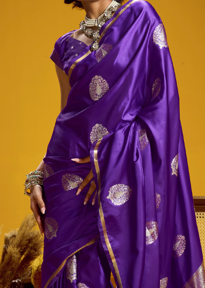 Deep Violet Gold-Infused Jacquard Satin Silk Saree