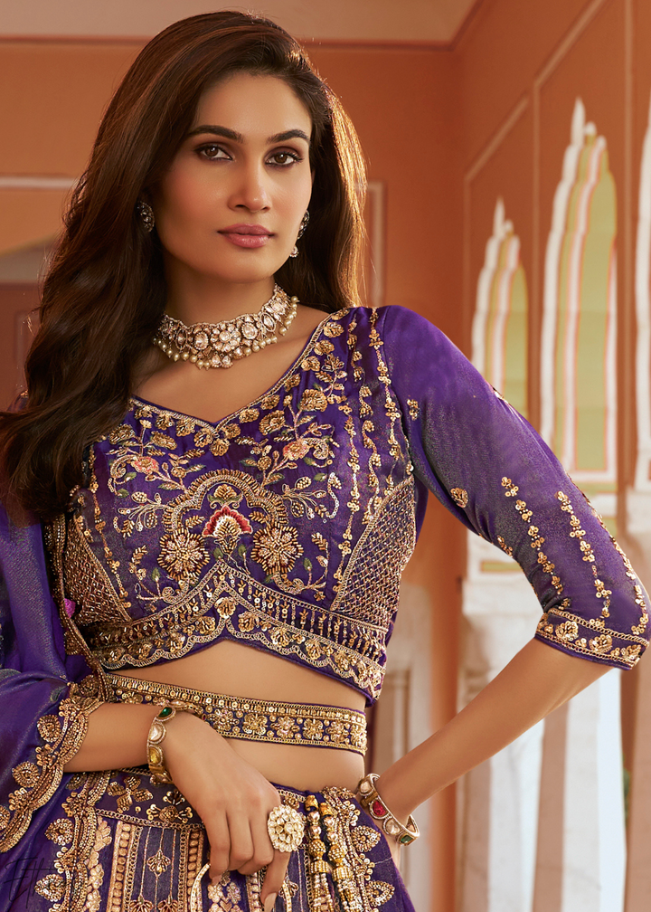 Royal Purple Paisley Weave Banarasi Silk Lehenga Choli