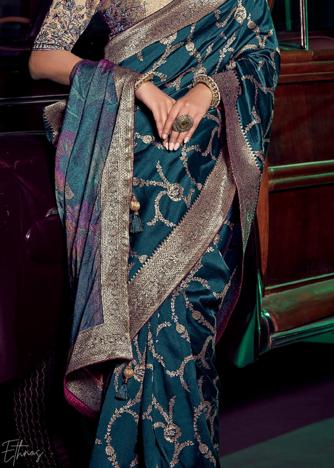 Teal Blue Jacquard Wave Silk Saree