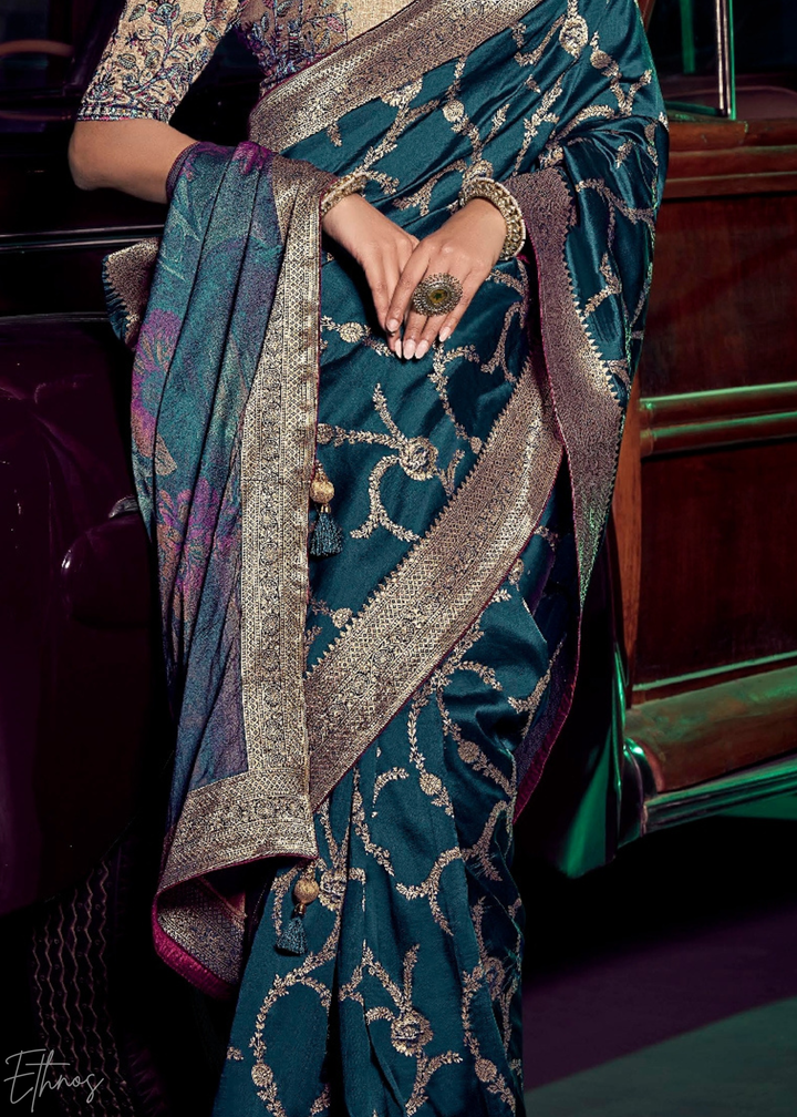 Teal Blue Jacquard Wave Silk Saree