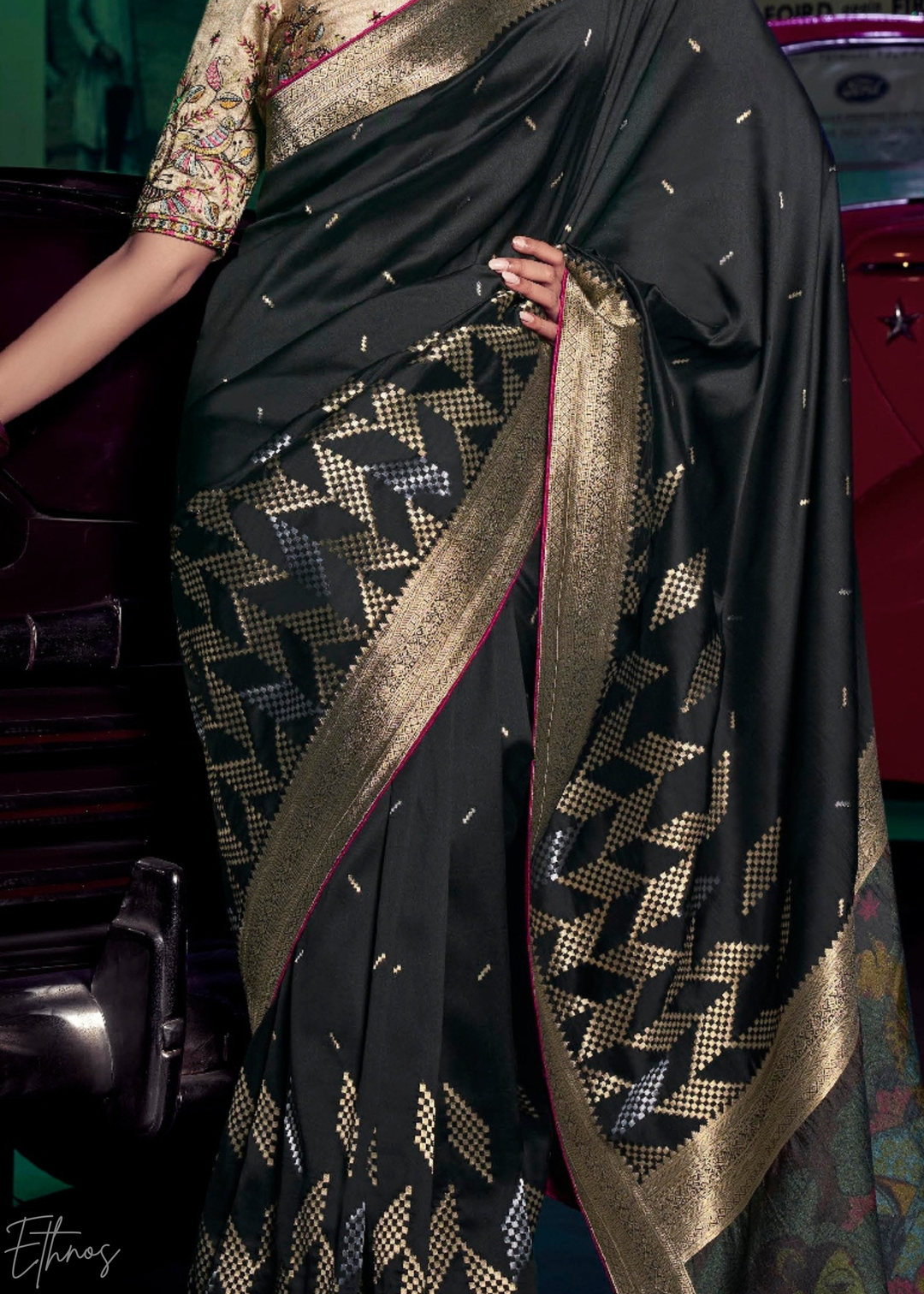 Obsidian Black Chevron Wave Silk Saree