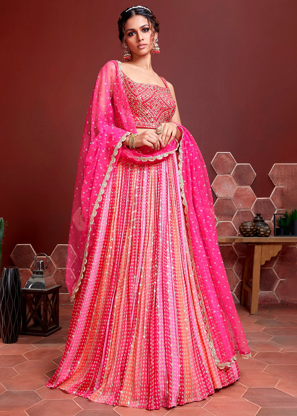 Peony Pink Bandhani Printed Chinon Silk Lehenga Choli with