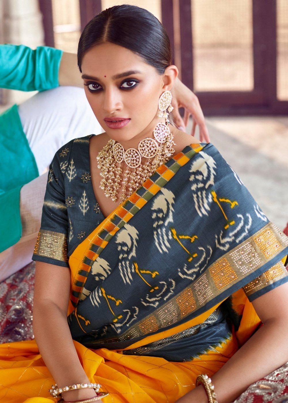 Tuscany Yellow & Grey Patola Silk Saree with Zari Border Pallu & Stone work