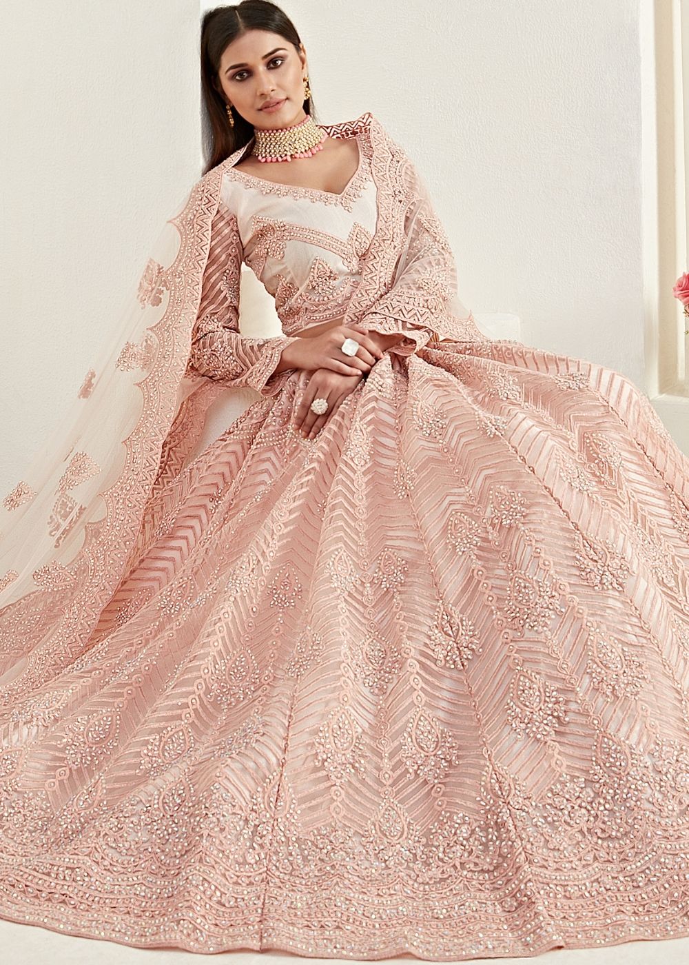 Peach Pink Soft Net Lehenga Choli with Coding Embroidery & Stonework