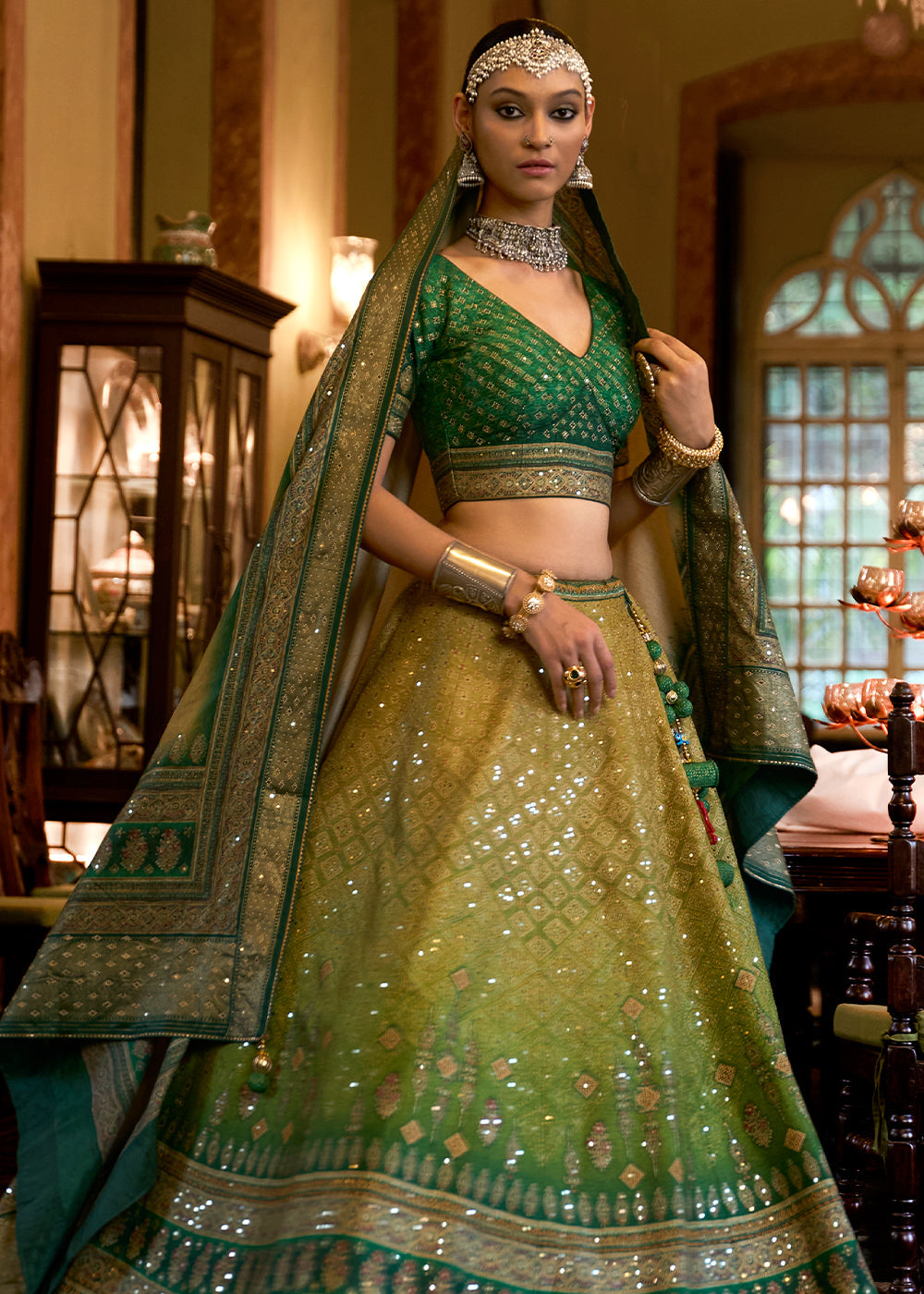 Shades Of Green Ready to Wear Designer Silk Lehenga Choli with Sparkle & Mirror work
