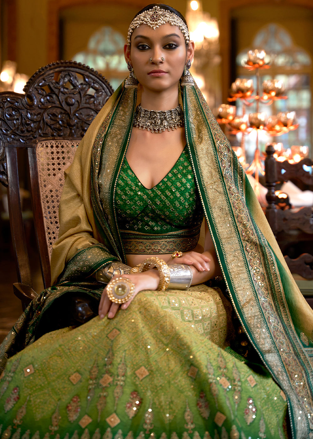 Shades Of Green Ready to Wear Designer Silk Lehenga Choli with Sparkle & Mirror work