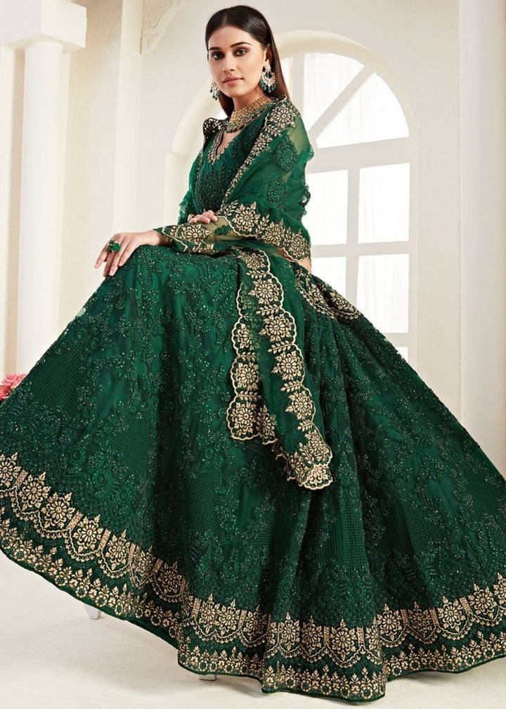 Sacramento Green Soft Net Lehenga Choli with Coding, Thread, Stonework & Zari Embroidery