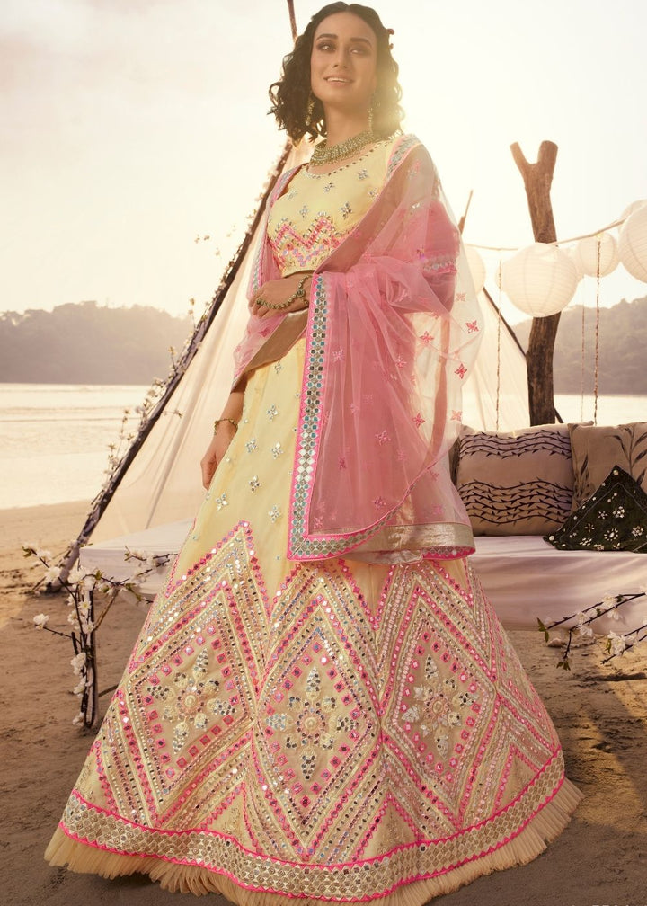Off-White Organza Lehenga Choli with Thread, Foli and Mirror work