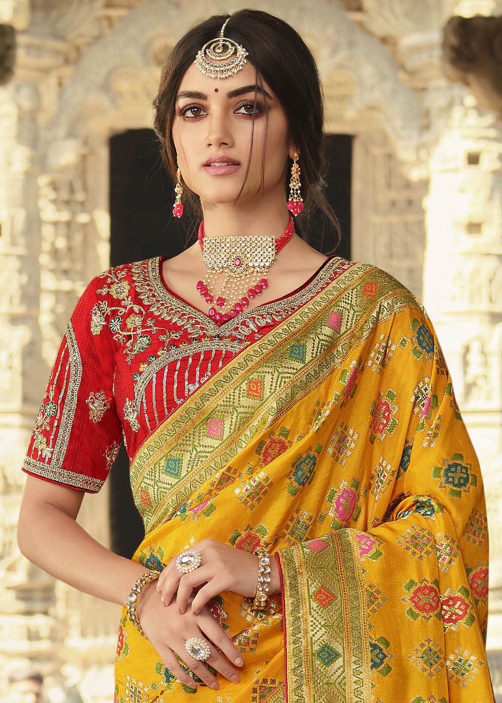 Saffron Yellow Woven Banarasi Silk Saree with Embroidered Blouse