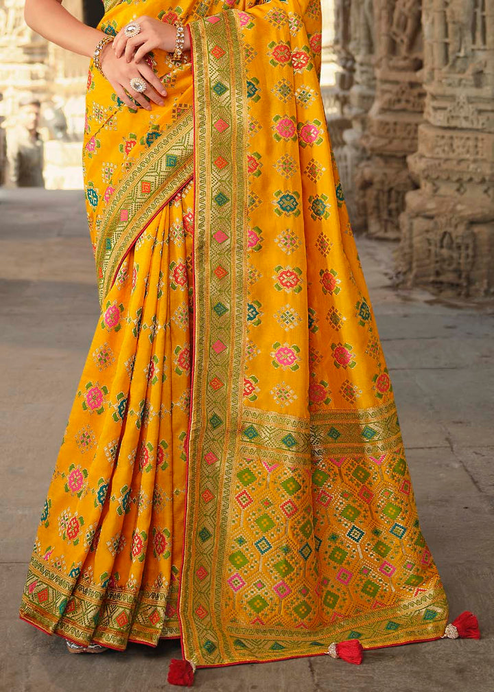 Saffron Yellow Woven Banarasi Silk Saree with Embroidered Blouse