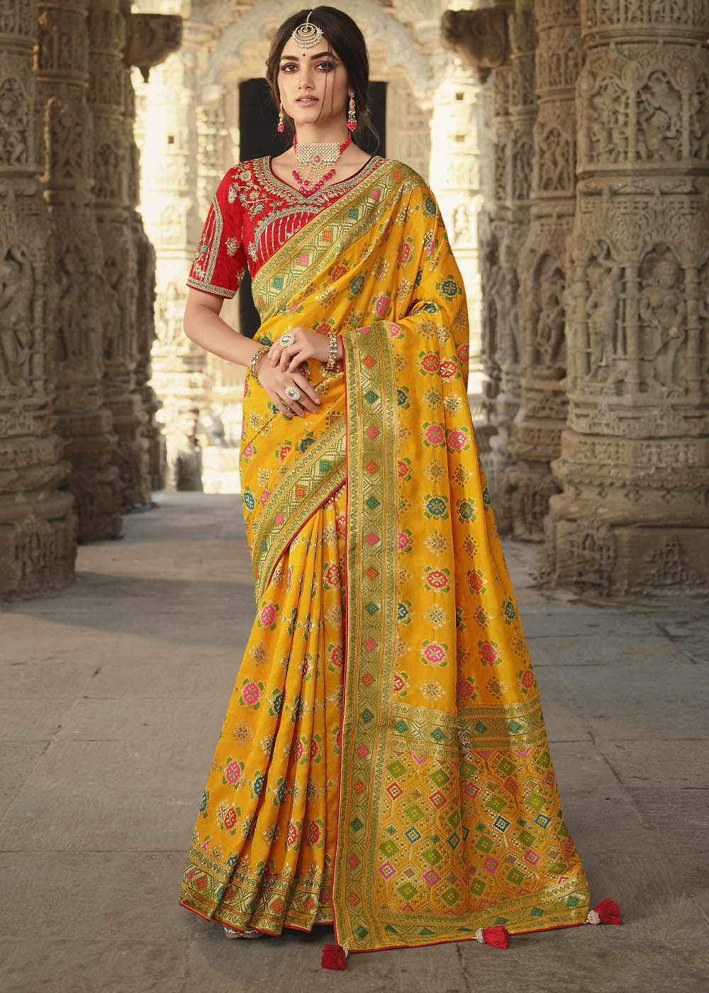Saffron Yellow Woven Banarasi Silk Saree with Embroidered Blouse