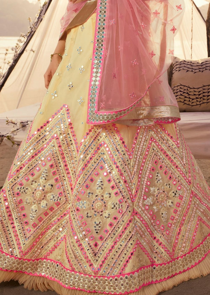 Off-White Organza Lehenga Choli with Thread, Foli and Mirror work