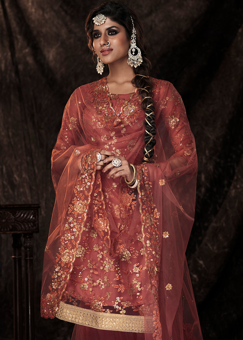 Chestnut Brown Soft Net Sharara Suit