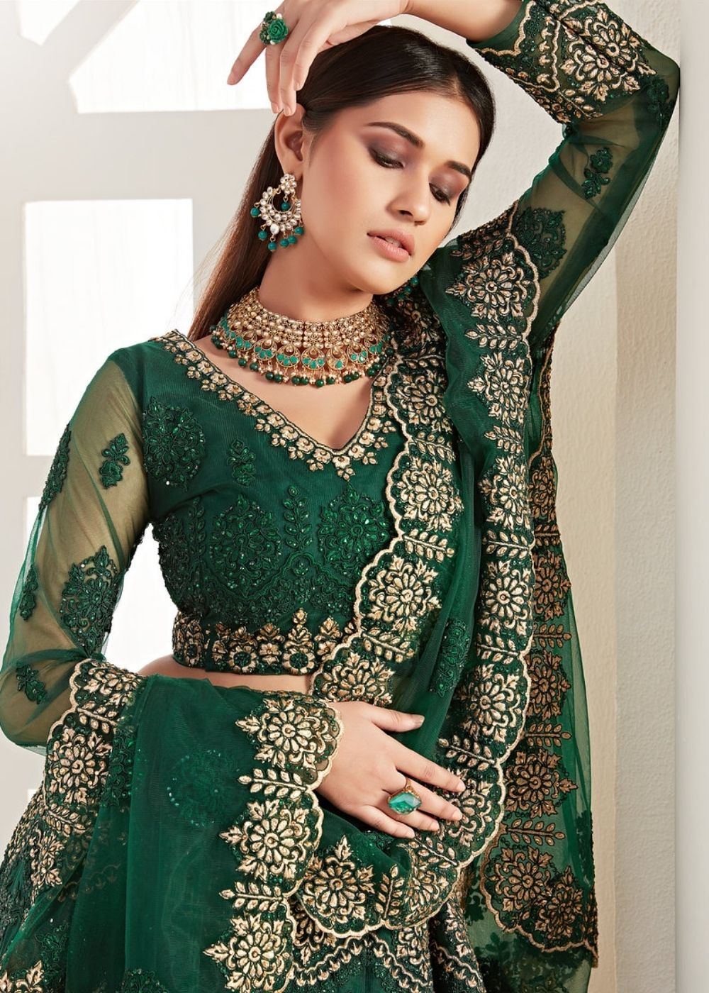 Sacramento Green Soft Net Lehenga Choli with Coding, Thread, Stonework & Zari Embroidery