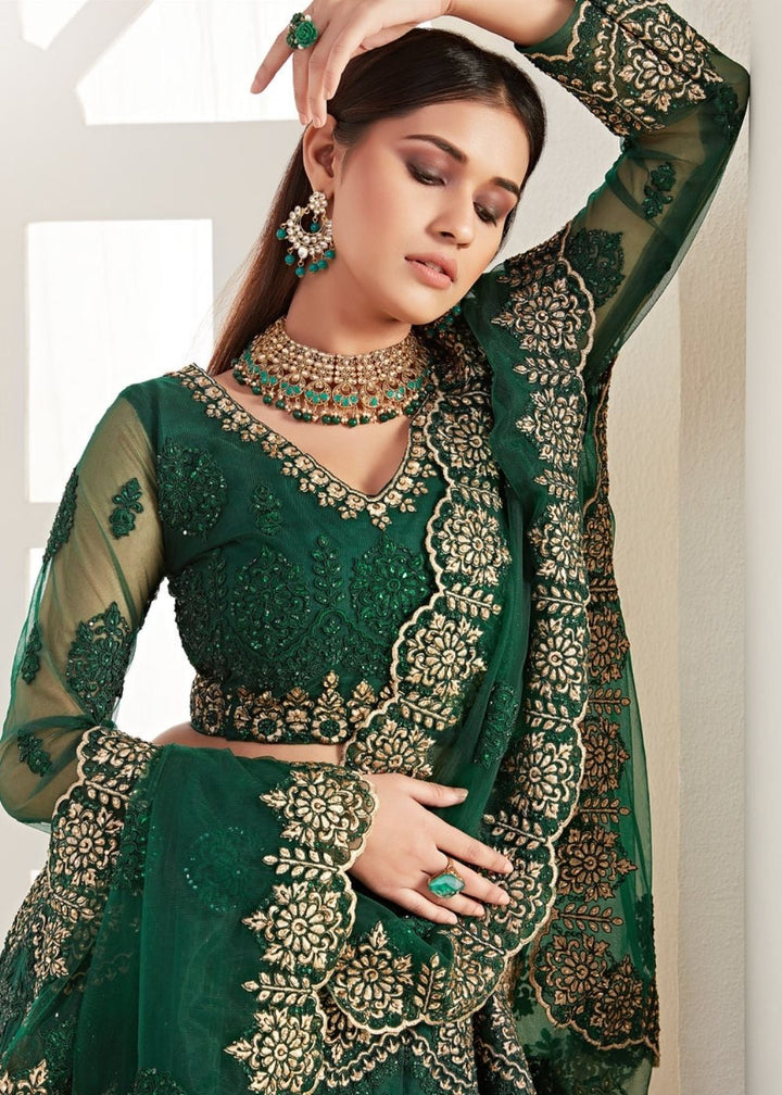 Sacramento Green Soft Net Lehenga Choli with Coding, Thread, Stonework & Zari Embroidery