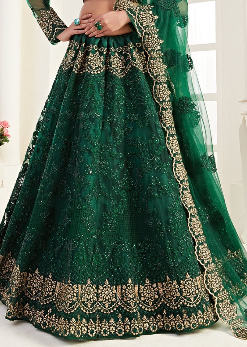 Sacramento Green Soft Net Lehenga Choli with Coding, Thread, Stonework & Zari Embroidery