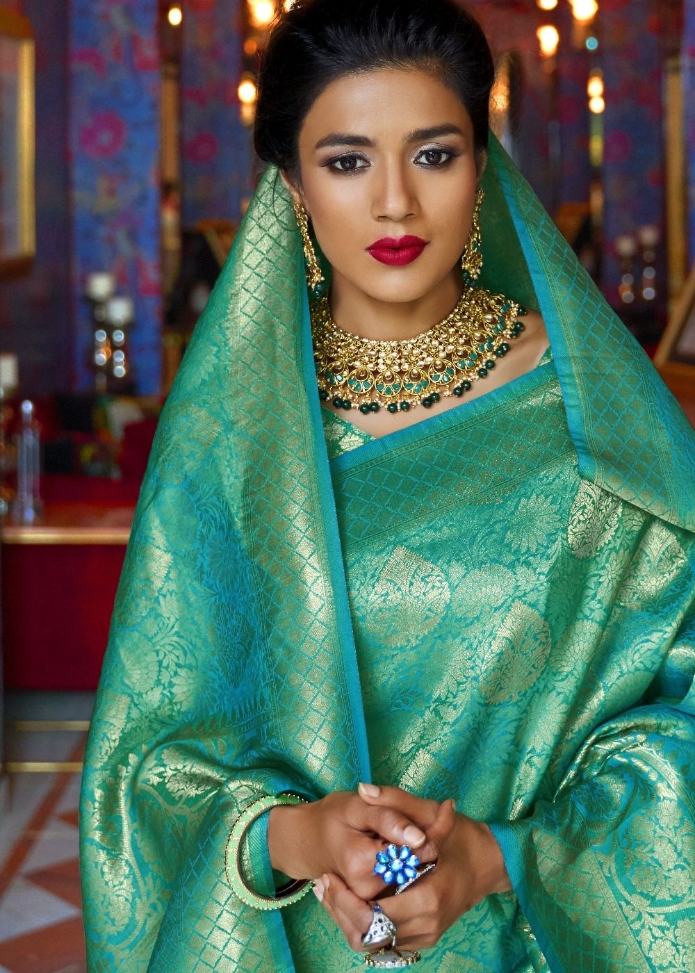 Turquoise Blue and Golden Blend Woven Kanjivaram Soft Silk Saree