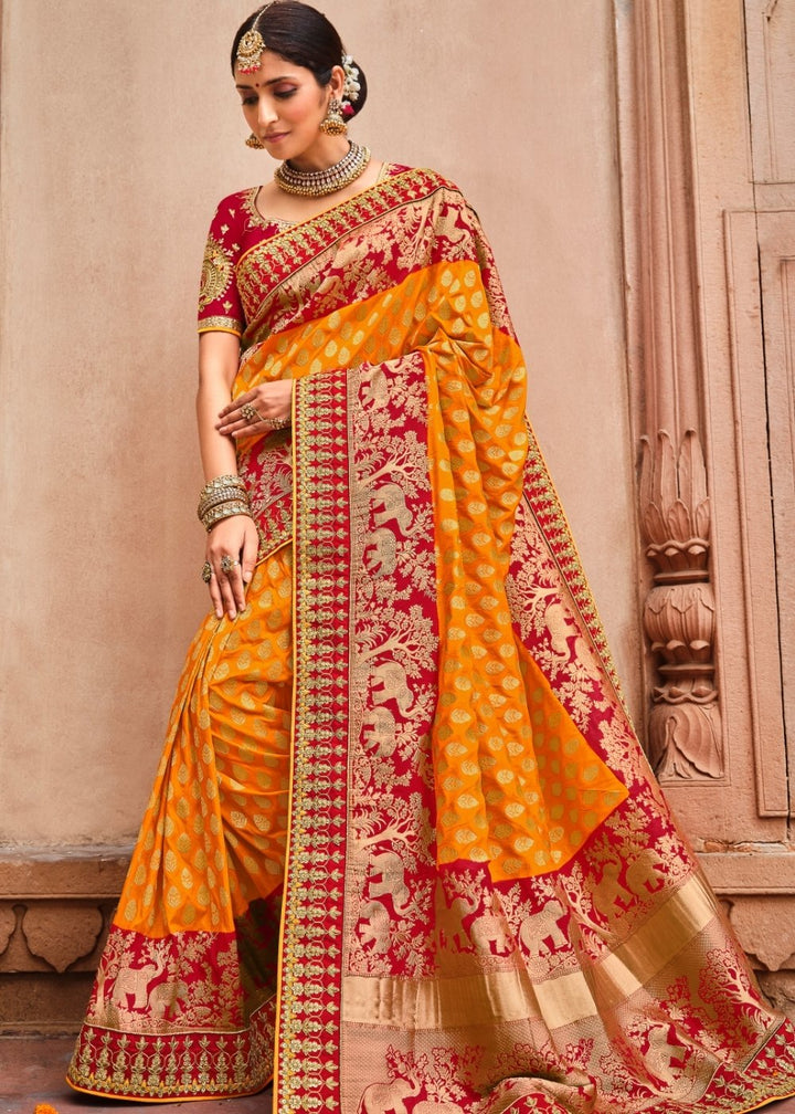 Orange & Red Jacquard Woven Silk Saree with Embroidered work