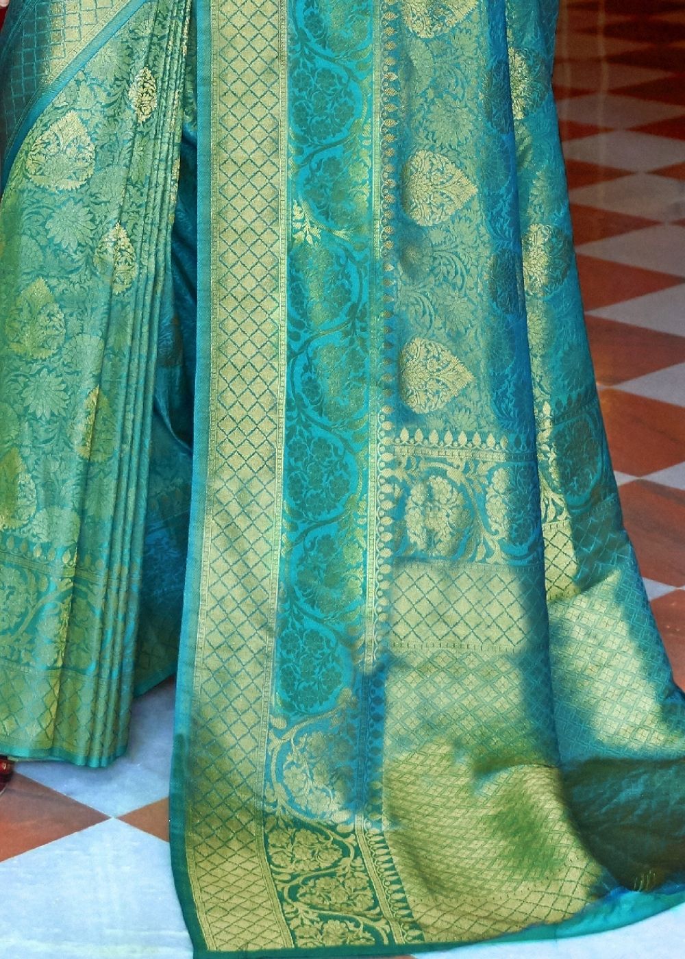 Turquoise Blue and Golden Blend Woven Kanjivaram Soft Silk Saree