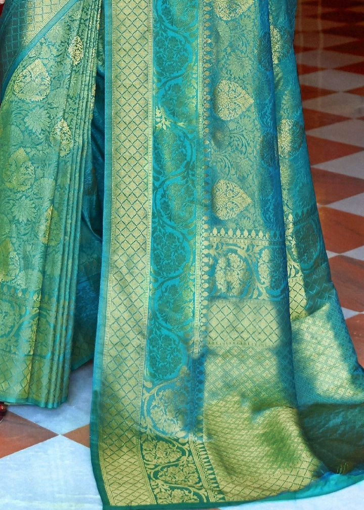 Turquoise Blue and Golden Blend Woven Kanjivaram Soft Silk Saree