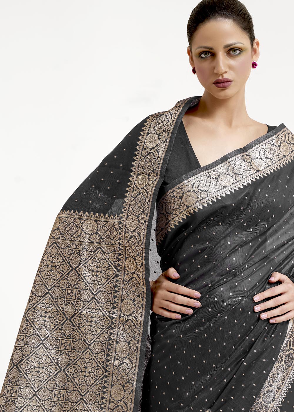 Pitch Black Woven Banarasi Silk Saree with overall Mukaish work