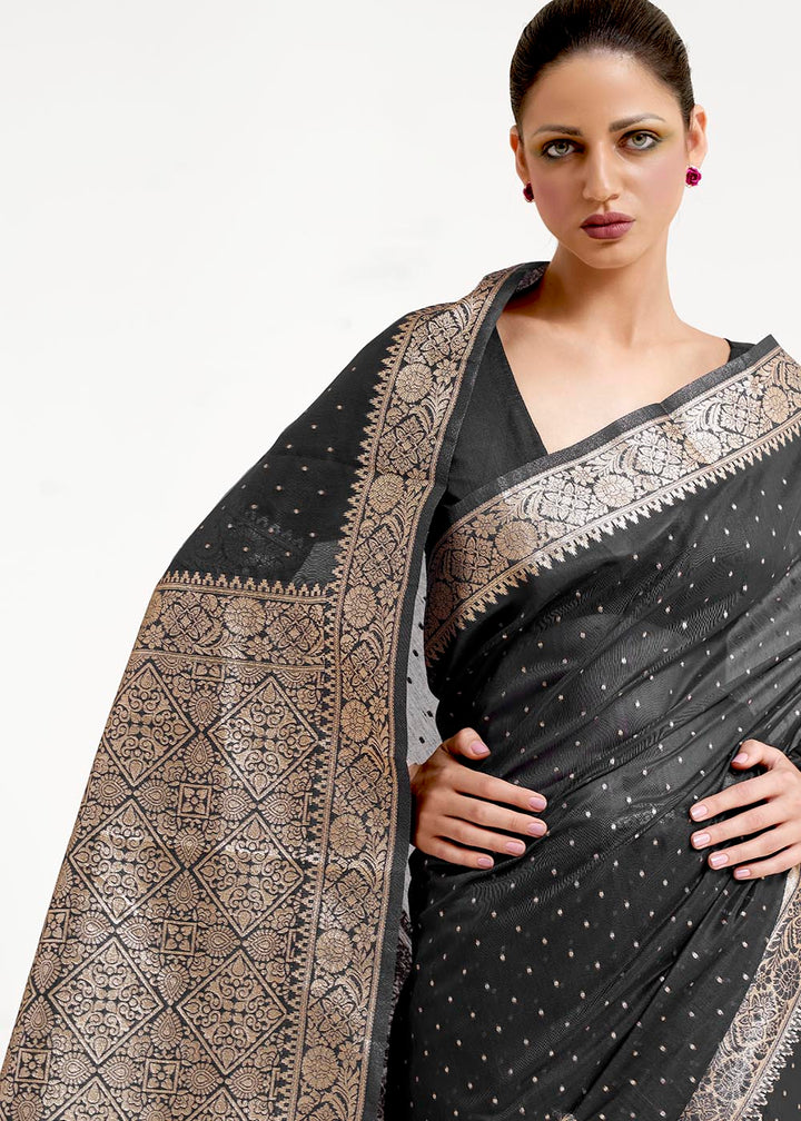Pitch Black Woven Banarasi Silk Saree with overall Mukaish work