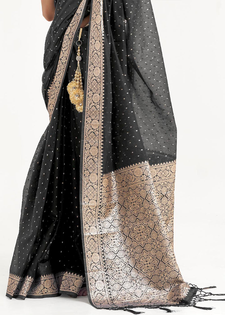 Pitch Black Woven Banarasi Silk Saree with overall Mukaish work