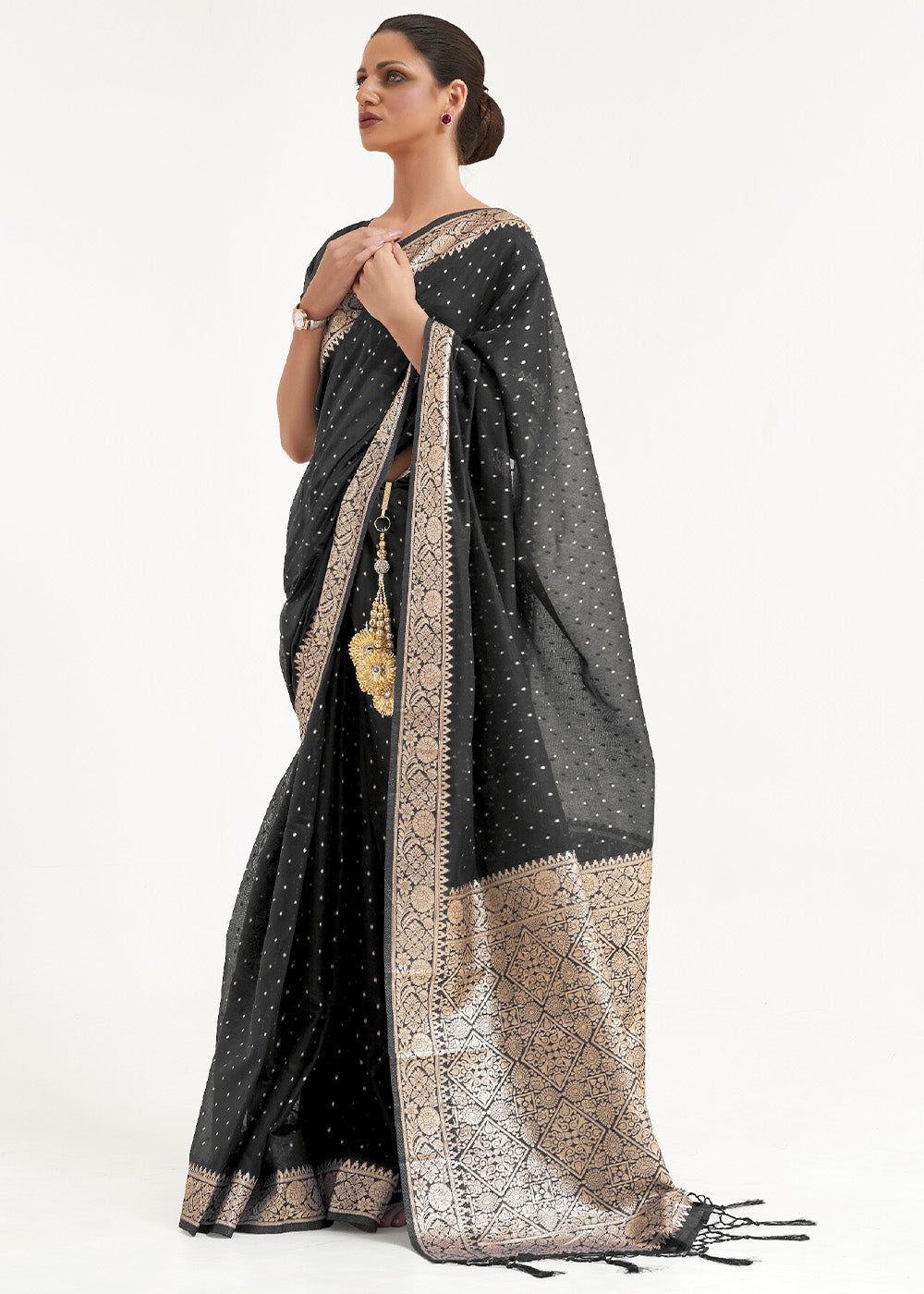 Pitch Black Woven Banarasi Silk Saree with overall Mukaish work