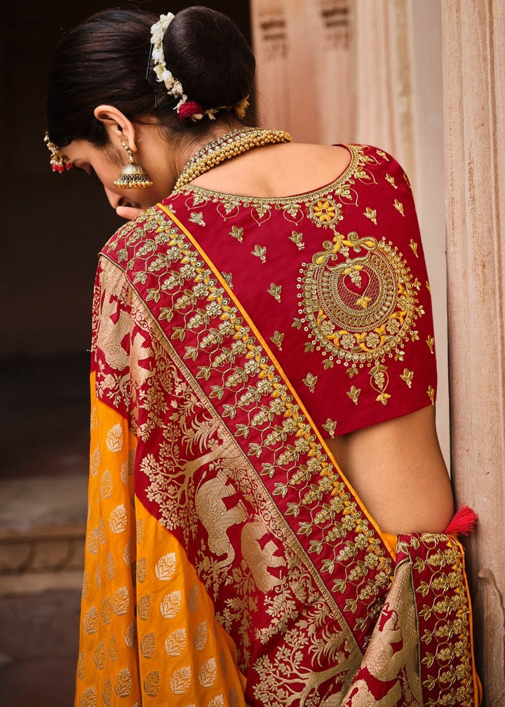 Orange & Red Jacquard Woven Silk Saree with Embroidered work