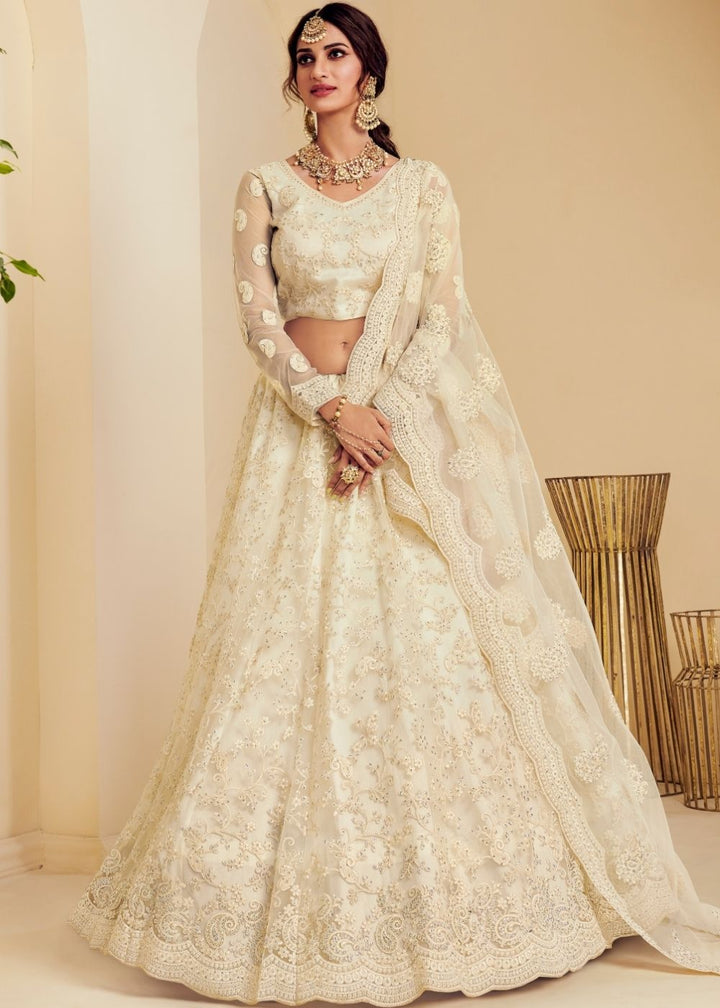 Ivory White Soft Net Lehenga Choli with Cording Embroidery & Stone work