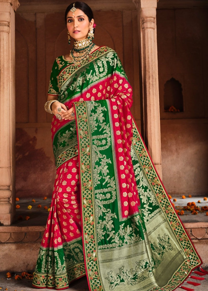 Red & Green Jacquard Woven Silk Saree with Embroidered work